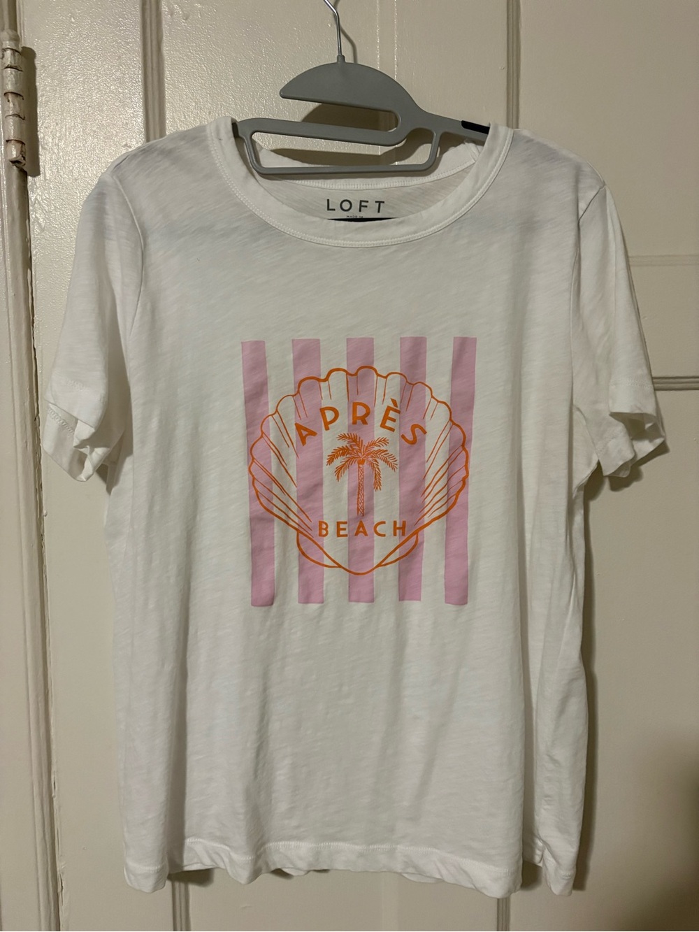 LOFT White Tee with Pink Stripes and Orange Shell Graphic